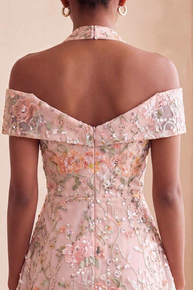 Laden Sie das Bild in den Galerie-Viewer, Blumenbesticktes Pailletten Halter Kurzes Abendkleid