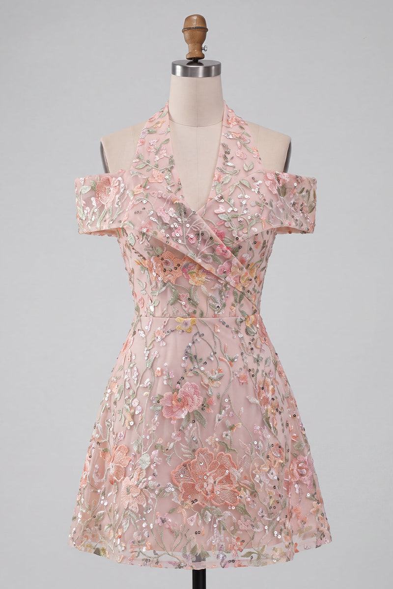 Laden Sie das Bild in den Galerie-Viewer, Blumenbesticktes Pailletten Halter Kurzes Abendkleid