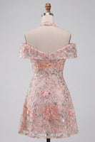 Laden Sie das Bild in den Galerie-Viewer, Blumenbesticktes Pailletten Halter Kurzes Abendkleid