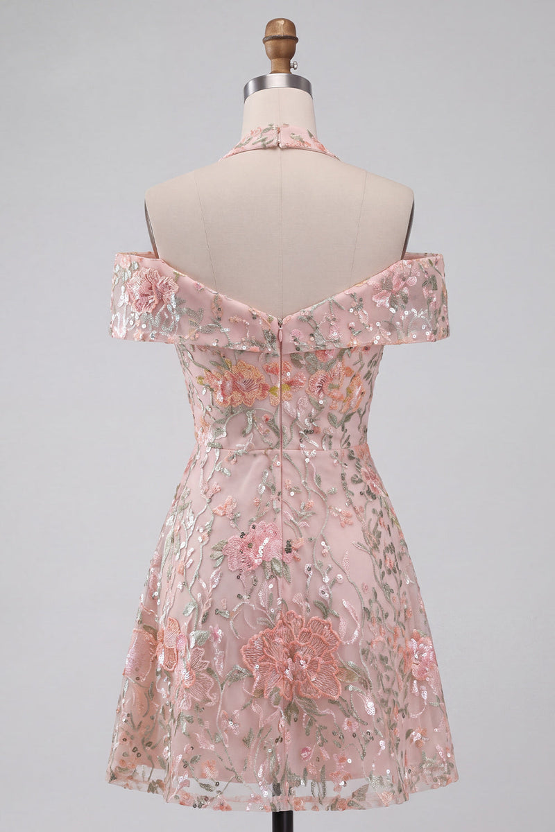 Laden Sie das Bild in den Galerie-Viewer, Blumenbesticktes Pailletten Halter Kurzes Abendkleid