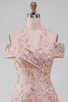Laden Sie das Bild in den Galerie-Viewer, Blumenbesticktes Pailletten Halter Kurzes Abendkleid