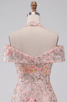 Laden Sie das Bild in den Galerie-Viewer, Blumenbesticktes Pailletten Halter Kurzes Abendkleid