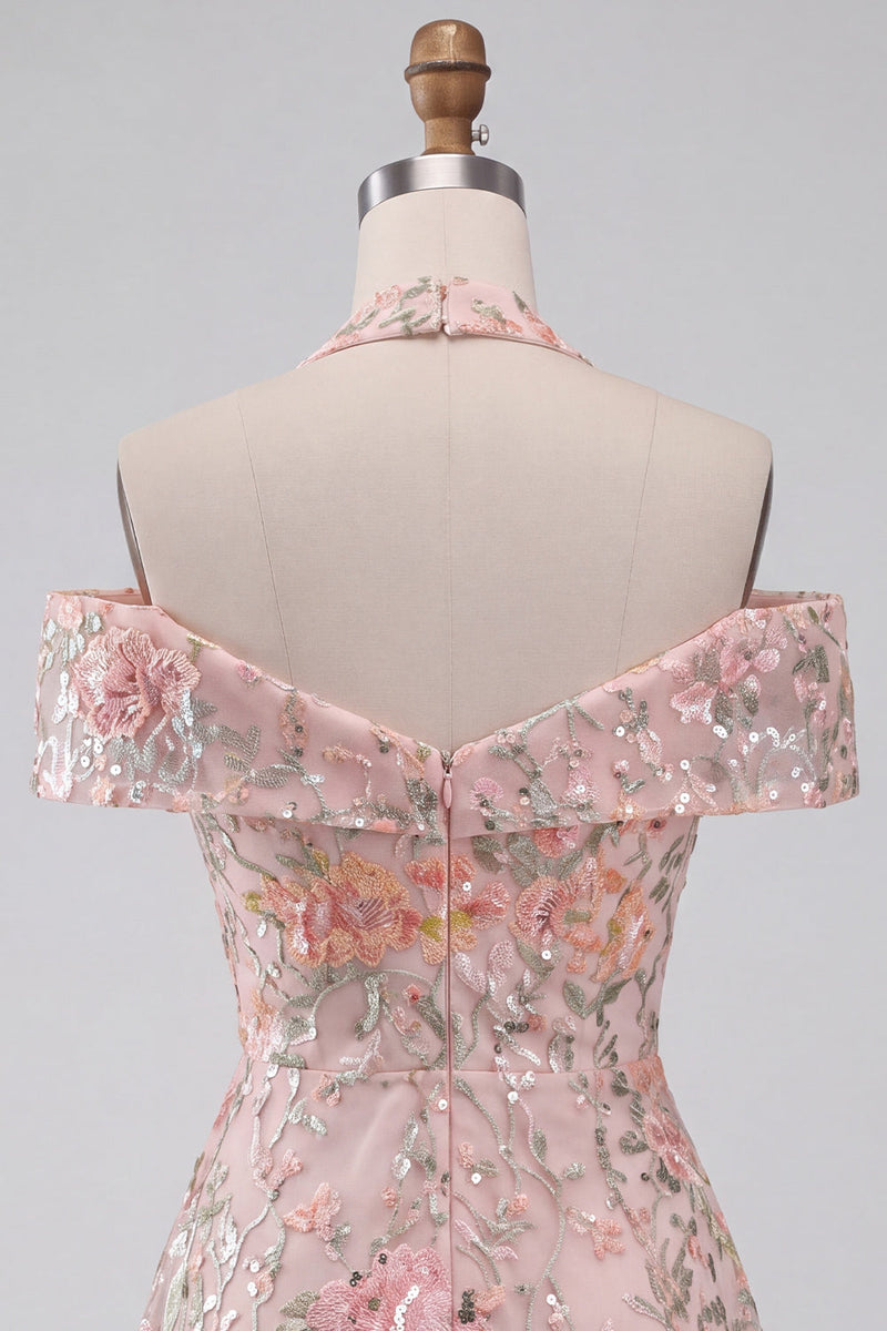 Laden Sie das Bild in den Galerie-Viewer, Blumenbesticktes Pailletten Halter Kurzes Abendkleid
