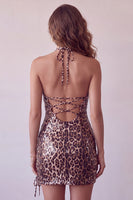 Laden Sie das Bild in den Galerie-Viewer, Leopardenmuster Bodycon Halter Kurzes Abendkleid mit Schnüren
