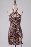 Laden Sie das Bild in den Galerie-Viewer, Leopardenmuster Bodycon Halter Kurzes Abendkleid mit Schnüren