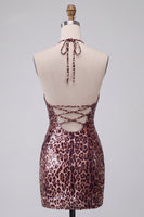 Laden Sie das Bild in den Galerie-Viewer, Leopardenmuster Bodycon Halter Kurzes Abendkleid mit Schnüren