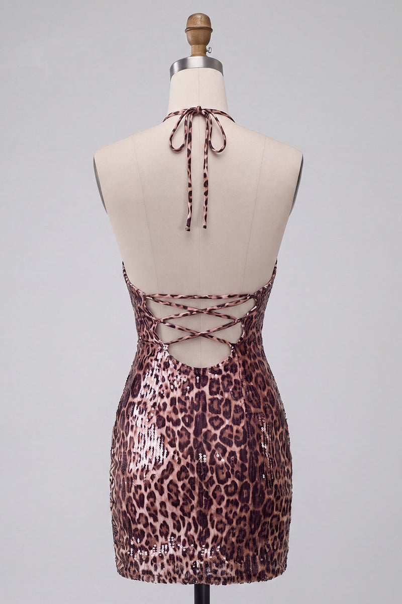 Laden Sie das Bild in den Galerie-Viewer, Leopardenmuster Bodycon Halter Kurzes Abendkleid mit Schnüren