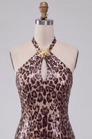Laden Sie das Bild in den Galerie-Viewer, Leopardenmuster Bodycon Halter Kurzes Abendkleid mit Schnüren