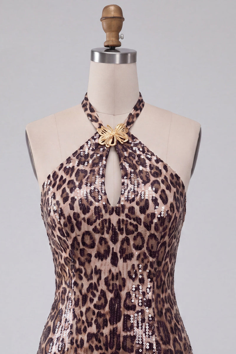 Laden Sie das Bild in den Galerie-Viewer, Leopardenmuster Bodycon Halter Kurzes Abendkleid mit Schnüren