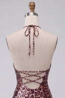 Laden Sie das Bild in den Galerie-Viewer, Leopardenmuster Bodycon Halter Kurzes Abendkleid mit Schnüren