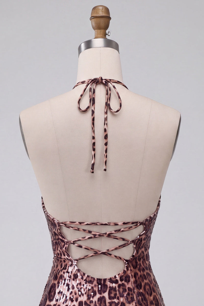 Laden Sie das Bild in den Galerie-Viewer, Leopardenmuster Bodycon Halter Kurzes Abendkleid mit Schnüren