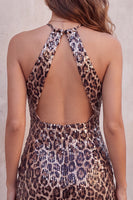 Laden Sie das Bild in den Galerie-Viewer, Glitzerndes Pailletten Leopardenmuster Bodycon Neckholder Schlüsselloch Kurzes Abendkleid