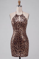 Laden Sie das Bild in den Galerie-Viewer, Glitzerndes Pailletten Leopardenmuster Bodycon Neckholder Schlüsselloch Kurzes Abendkleid