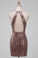 Laden Sie das Bild in den Galerie-Viewer, Glitzerndes Pailletten Leopardenmuster Bodycon Neckholder Schlüsselloch Kurzes Abendkleid
