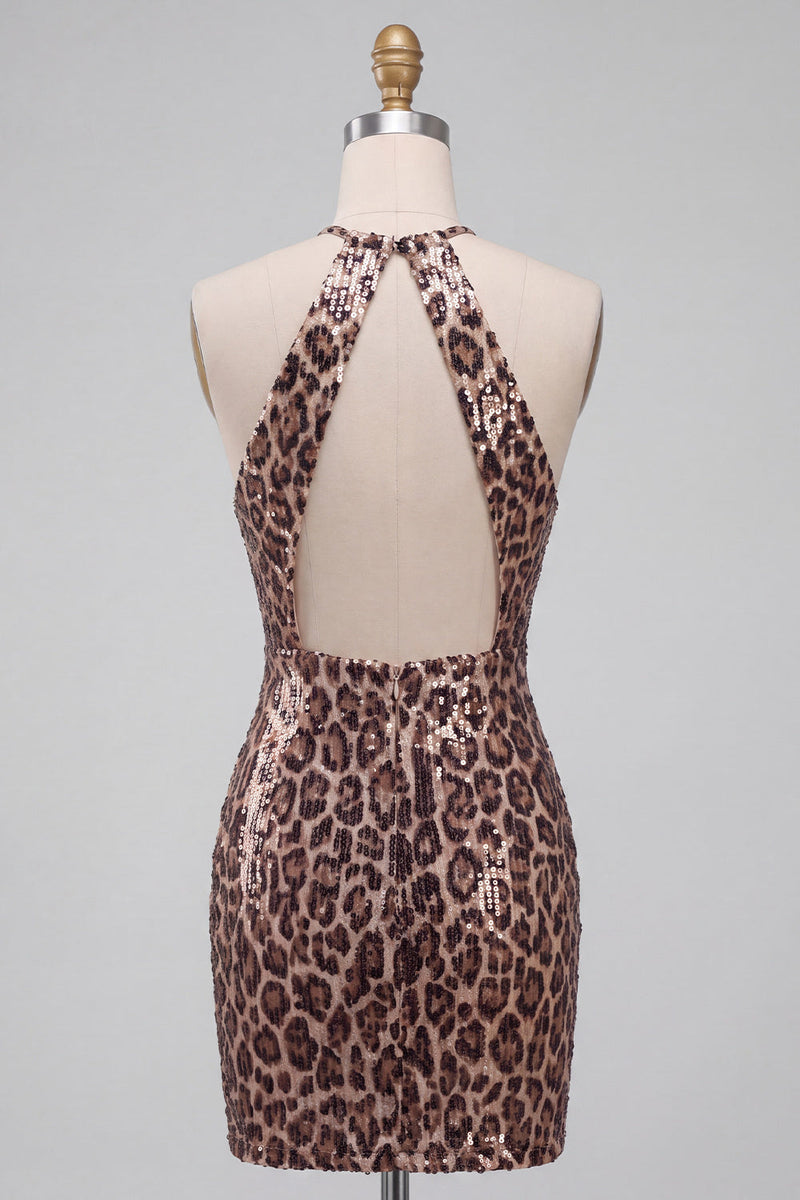 Laden Sie das Bild in den Galerie-Viewer, Glitzerndes Pailletten Leopardenmuster Bodycon Neckholder Schlüsselloch Kurzes Abendkleid