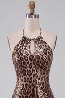 Laden Sie das Bild in den Galerie-Viewer, Glitzerndes Pailletten Leopardenmuster Bodycon Neckholder Schlüsselloch Kurzes Abendkleid