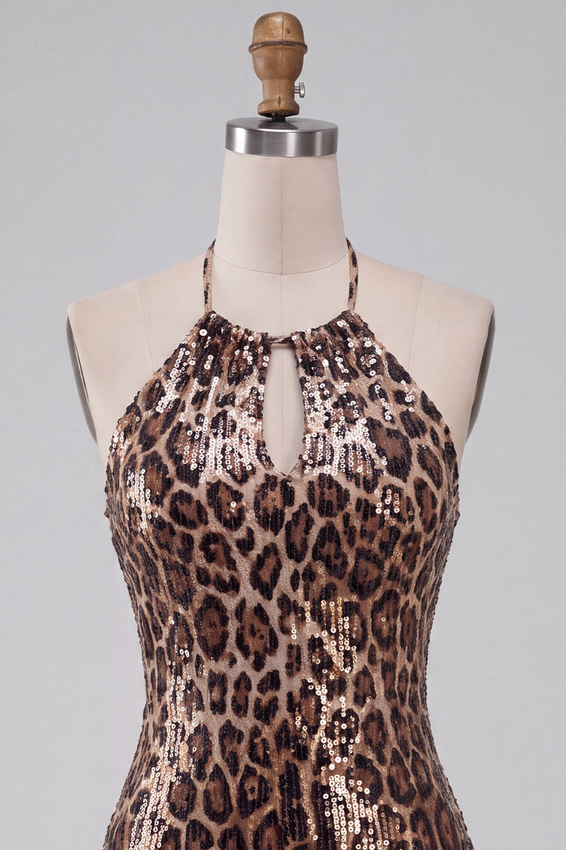 Laden Sie das Bild in den Galerie-Viewer, Glitzerndes Pailletten Leopardenmuster Bodycon Neckholder Schlüsselloch Kurzes Abendkleid