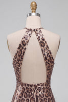 Laden Sie das Bild in den Galerie-Viewer, Glitzerndes Pailletten Leopardenmuster Bodycon Neckholder Schlüsselloch Kurzes Abendkleid