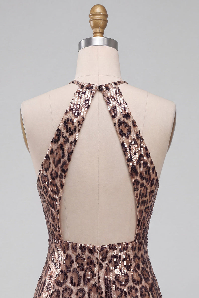 Laden Sie das Bild in den Galerie-Viewer, Glitzerndes Pailletten Leopardenmuster Bodycon Neckholder Schlüsselloch Kurzes Abendkleid