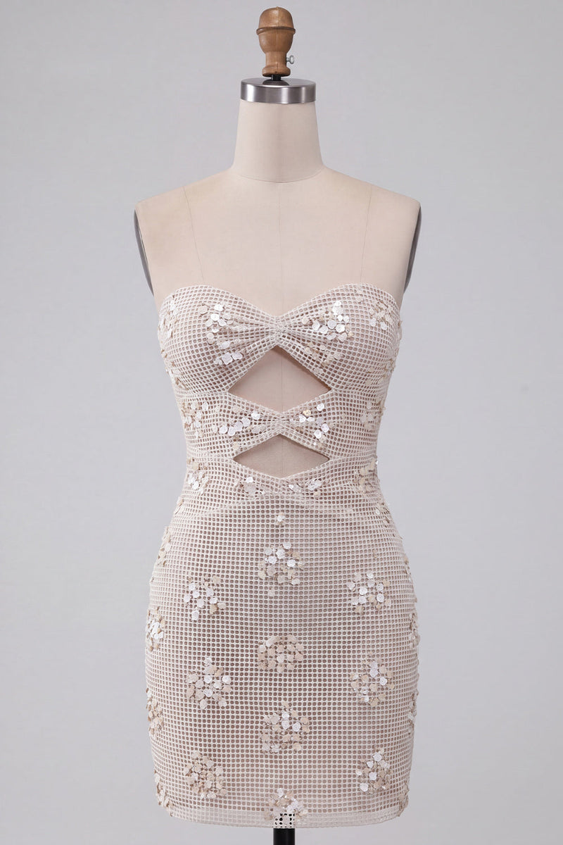 Laden Sie das Bild in den Galerie-Viewer, Elfenbeinfarbenes Bodycon-Cut-out, trägerloses kurzes Homecoming-Kleid mit Pailletten