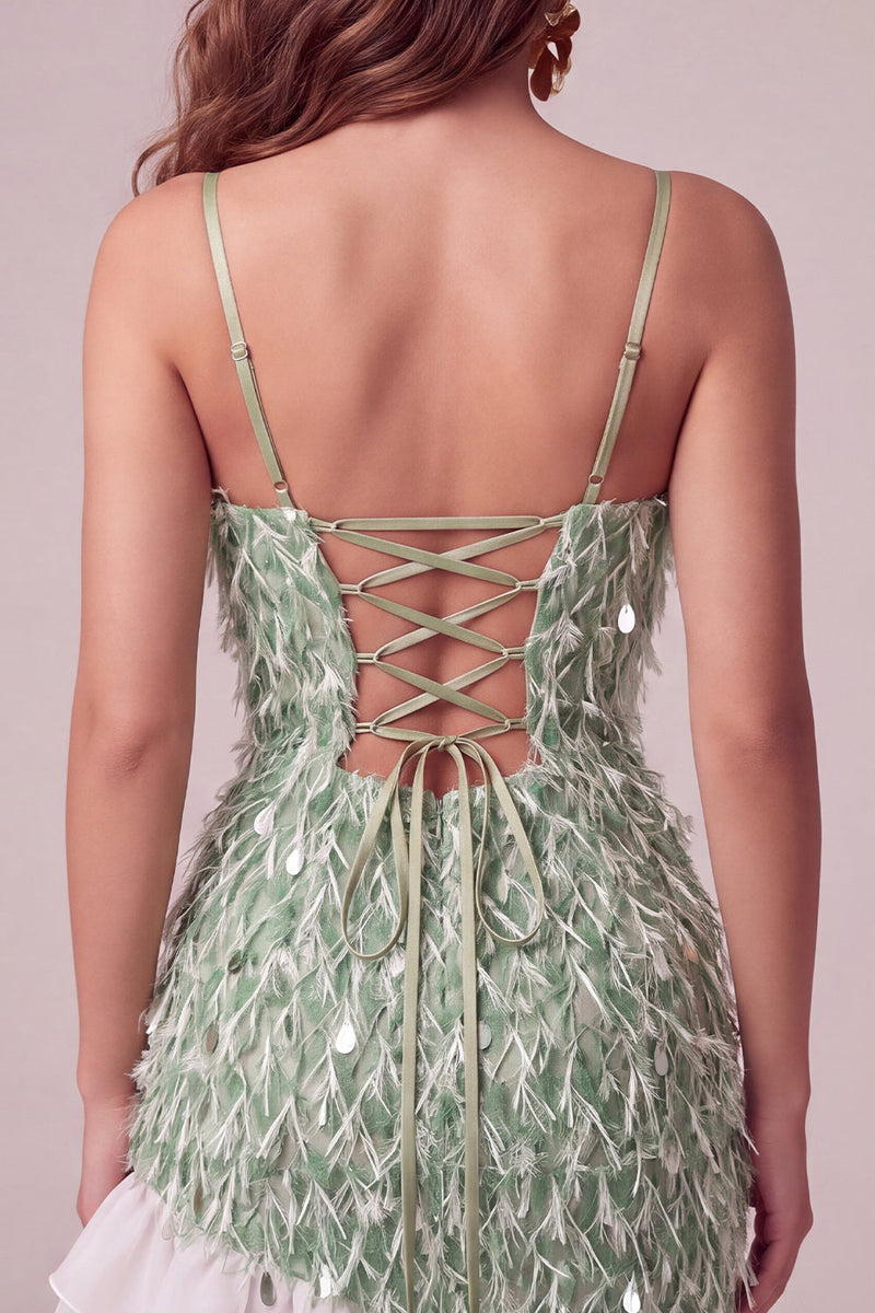 Laden Sie das Bild in den Galerie-Viewer, Grünes Bodycon Pailletten Fransen Kurzes Abendkleid und asymmetrischem Rüschensaum