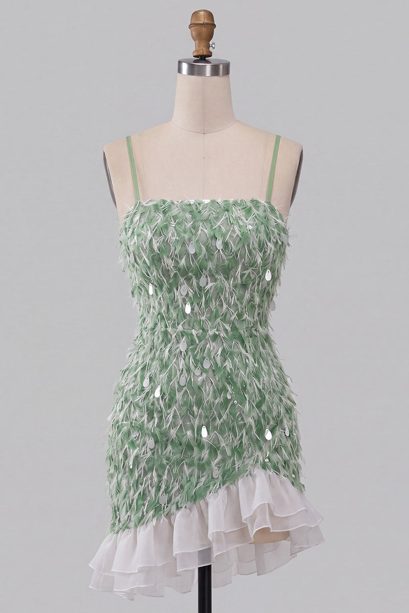 Laden Sie das Bild in den Galerie-Viewer, Grünes Bodycon Pailletten Fransen Kurzes Abendkleid und asymmetrischem Rüschensaum