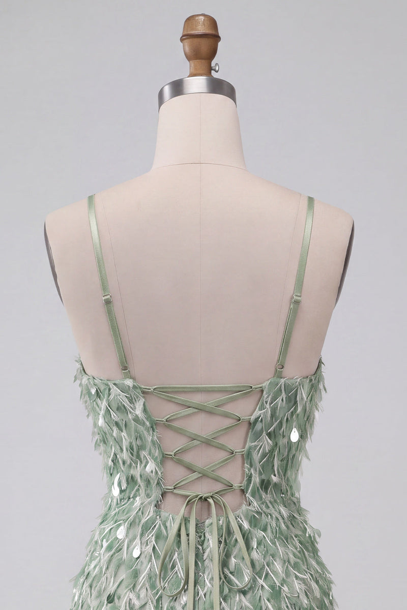 Laden Sie das Bild in den Galerie-Viewer, Grünes Bodycon Pailletten Fransen Kurzes Abendkleid und asymmetrischem Rüschensaum