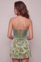 Laden Sie das Bild in den Galerie-Viewer, Staubiges Salbei Korsett Samt Trägerloses Blumiges Kurzes Abendkleid