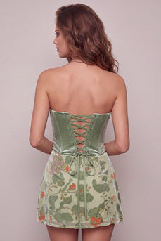 Staubiges Salbei Korsett Samt Trägerloses Blumiges Kurzes Abendkleid