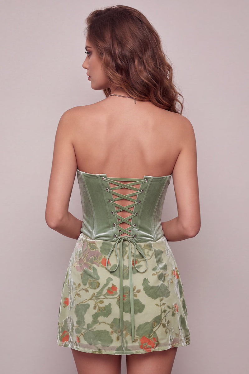 Laden Sie das Bild in den Galerie-Viewer, Staubiges Salbei Korsett Samt Trägerloses Blumiges Kurzes Abendkleid