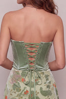 Laden Sie das Bild in den Galerie-Viewer, Staubiges Salbei Korsett Samt Trägerloses Blumiges Kurzes Abendkleid