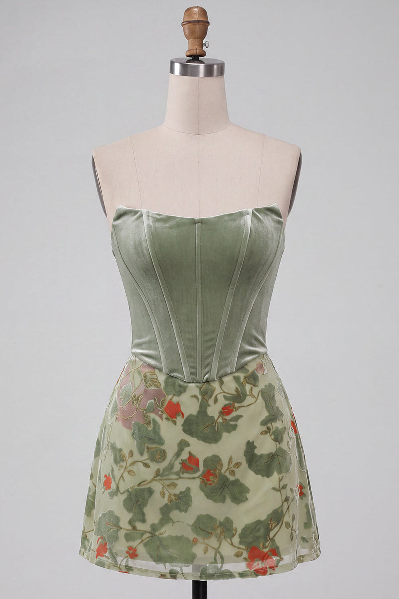 Laden Sie das Bild in den Galerie-Viewer, Staubiges Salbei Korsett Samt Trägerloses Blumiges Kurzes Abendkleid