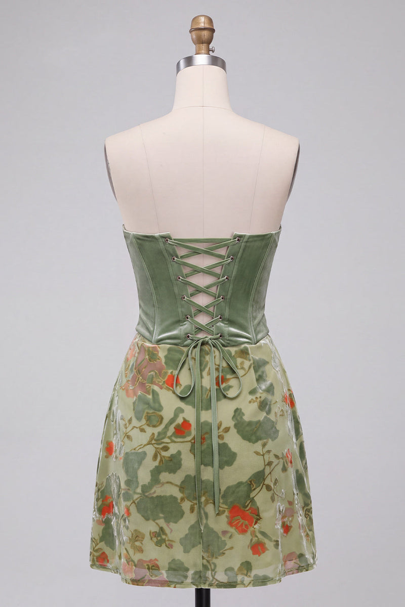 Laden Sie das Bild in den Galerie-Viewer, Staubiges Salbei Korsett Samt Trägerloses Blumiges Kurzes Abendkleid