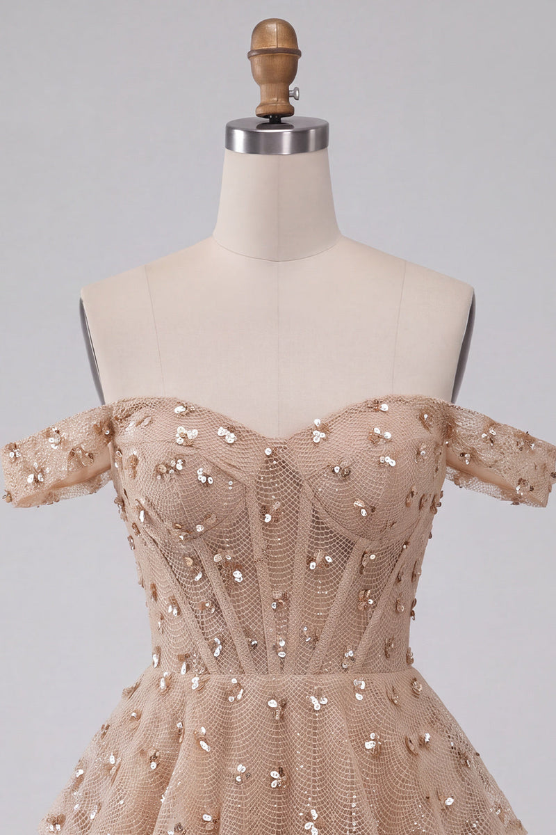 Laden Sie das Bild in den Galerie-Viewer, Champagner Korsett Stufen Kurzes Abendkleid mit Perlen
