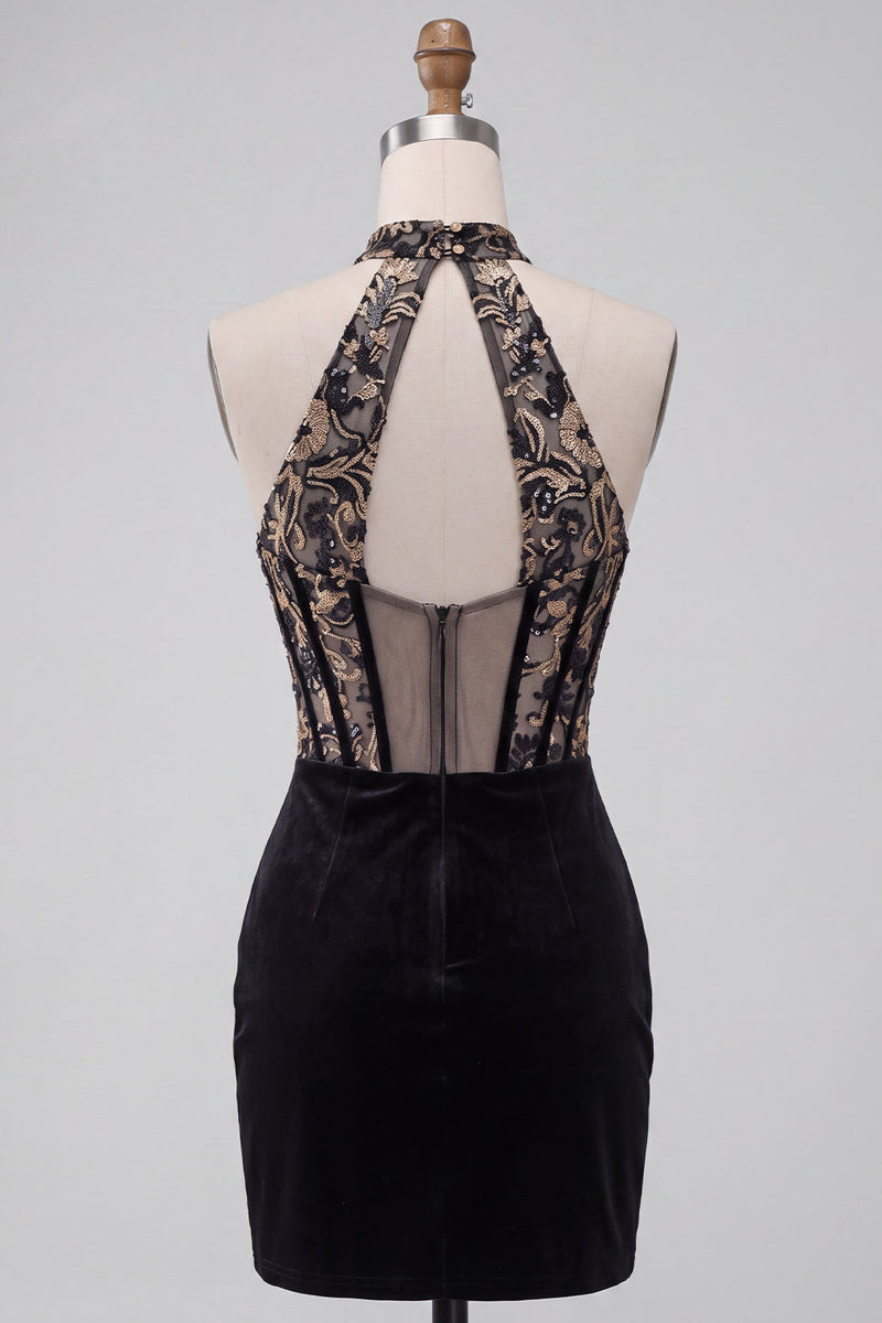 Laden Sie das Bild in den Galerie-Viewer, Schwarzes Korsett Halter Samt Tiefer V-Ausschnitt Kurzes Abendkleid mit Stickerei