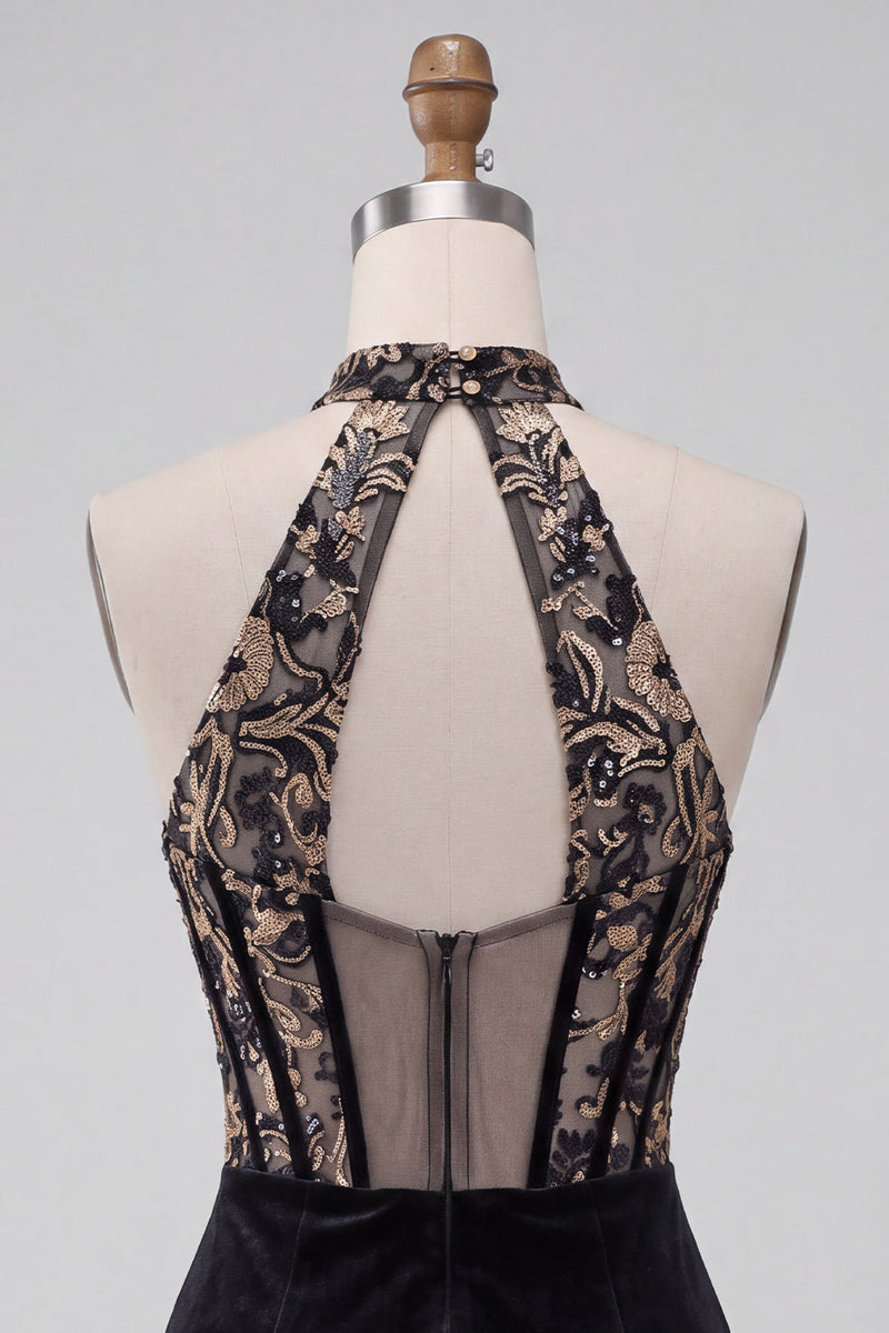 Laden Sie das Bild in den Galerie-Viewer, Schwarzes Korsett Halter Samt Tiefer V-Ausschnitt Kurzes Abendkleid mit Stickerei