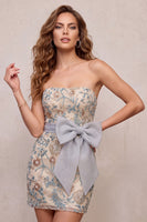 Laden Sie das Bild in den Galerie-Viewer, Hellgraues Bodycon Pailletten Trägerloses Perlenbesetztes Kurzes Abendkleid mit Schleife