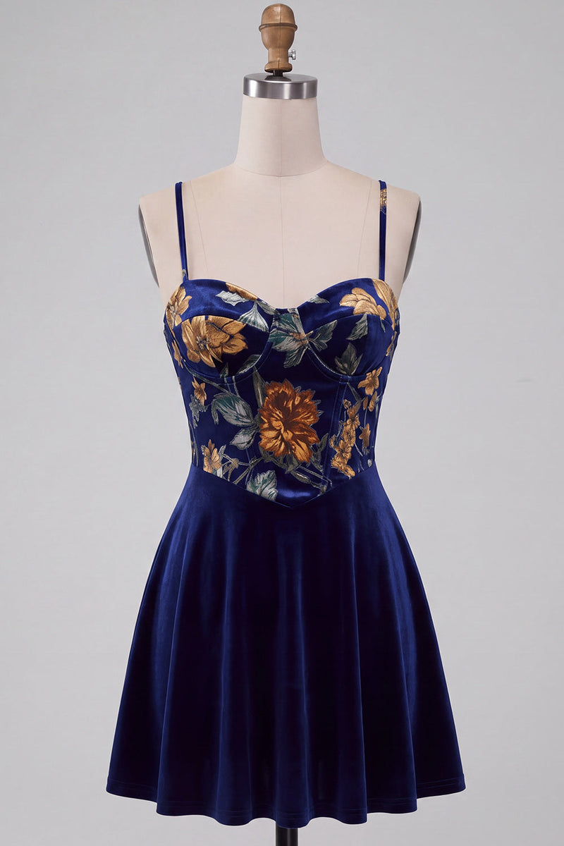 Laden Sie das Bild in den Galerie-Viewer, Marineblaues A-Linie Samt Korsett Blumenmuster Kurzes Abendkleid
