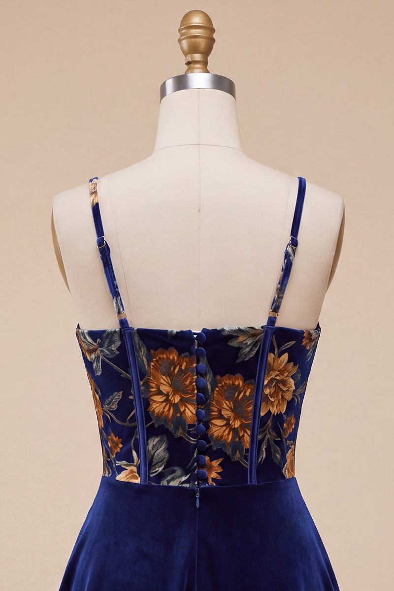 Laden Sie das Bild in den Galerie-Viewer, Marineblaues A-Linie Samt Korsett Blumenmuster Kurzes Abendkleid