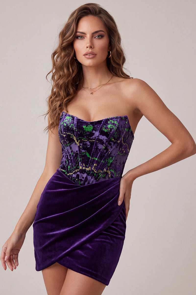 Laden Sie das Bild in den Galerie-Viewer, Pflaumen Korsett Trägerloser Samt Bodycon Gerafftes Kurzes Abendkleid