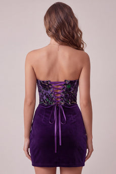 Pflaumen Korsett Trägerloser Samt Bodycon Gerafftes Kurzes Abendkleid
