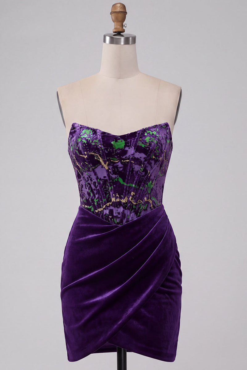 Laden Sie das Bild in den Galerie-Viewer, Pflaumen Korsett Trägerloser Samt Bodycon Gerafftes Kurzes Abendkleid