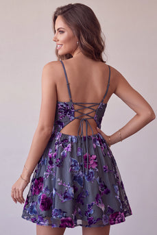Pflaumen A-Linie Sweetheart Cut-out Florales Kurzes Abendkleid