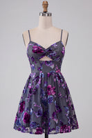 Laden Sie das Bild in den Galerie-Viewer, Pflaumen A-Linie Sweetheart Cut-out Florales Kurzes Abendkleid
