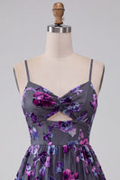 Laden Sie das Bild in den Galerie-Viewer, Pflaumen A-Linie Sweetheart Cut-out Florales Kurzes Abendkleid