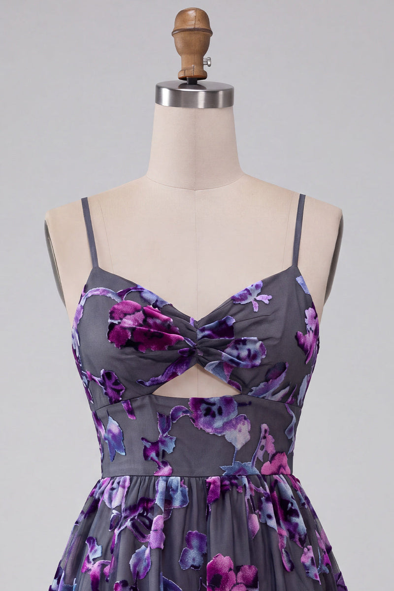 Laden Sie das Bild in den Galerie-Viewer, Pflaumen A-Linie Sweetheart Cut-out Florales Kurzes Abendkleid
