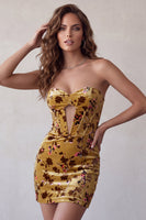 Laden Sie das Bild in den Galerie-Viewer, Ingwer-gelbes Korsett Bodycon Trägerloses Schlüsselloch Samt Kurzes Abendkleid
