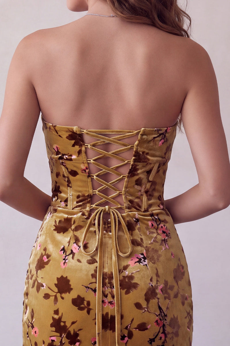 Laden Sie das Bild in den Galerie-Viewer, Ingwer-gelbes Korsett Bodycon Trägerloses Schlüsselloch Samt Kurzes Abendkleid