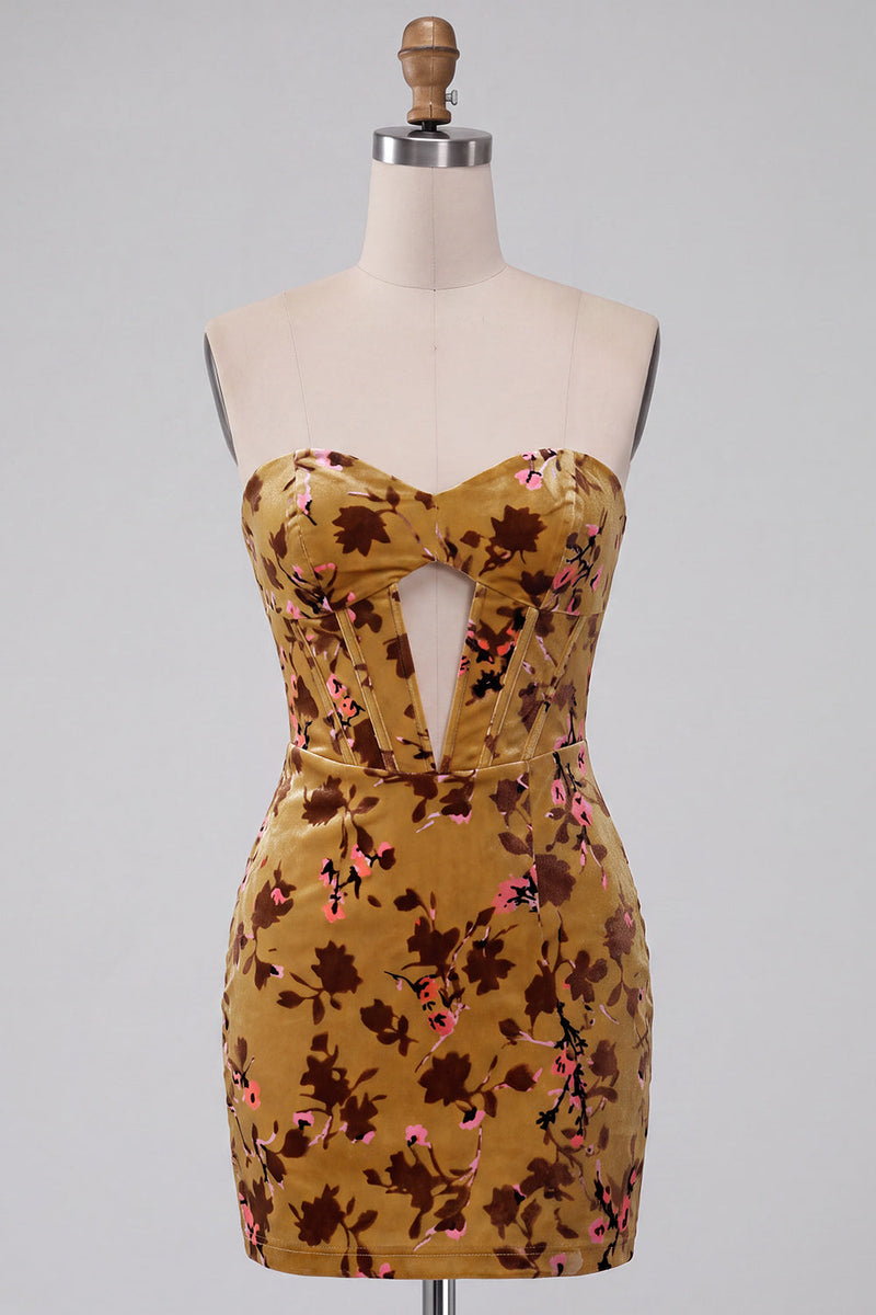 Laden Sie das Bild in den Galerie-Viewer, Ingwer-gelbes Korsett Bodycon Trägerloses Schlüsselloch Samt Kurzes Abendkleid