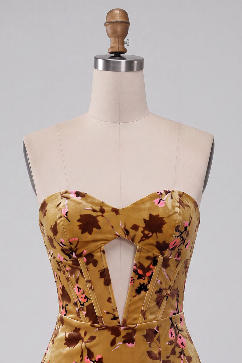 Laden Sie das Bild in den Galerie-Viewer, Ingwer-gelbes Korsett Bodycon Trägerloses Schlüsselloch Samt Kurzes Abendkleid